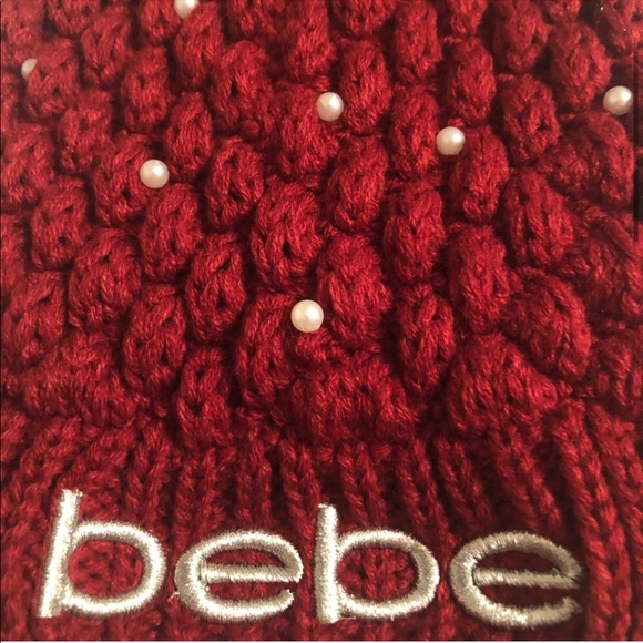 bebe Red Knit Logo Beanie With Faux Pearl Accents - Picture 3 of 6